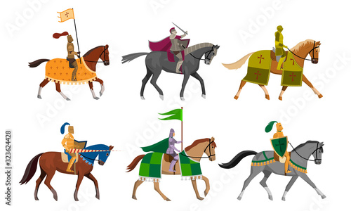 Knights with flags  shields and swords on horseback vector illustration