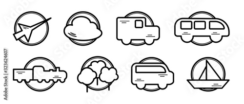 Minimal set of city transport icons. Airplane, public bus, train, taxi,  ship and auto signs. Isolated on white background. Line art. Vector illustration.