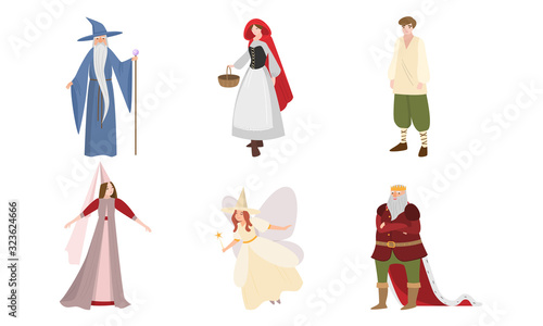 Fairies, wizard, king characters in special traditional costumes vector illustration