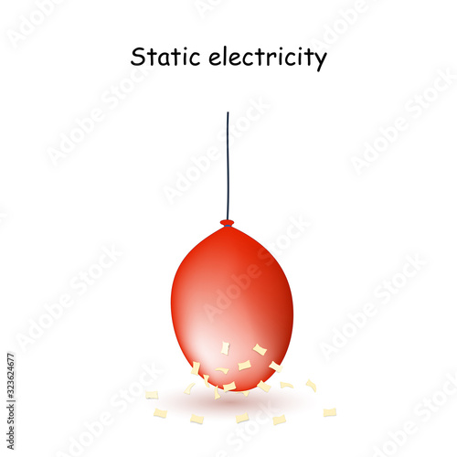 Static Electricity. Red Balloon with pieces of paper