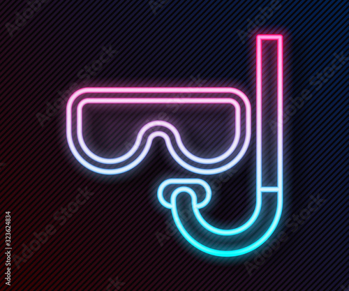 Glowing neon line Diving mask and snorkel icon isolated on black background. Extreme sport. Diving underwater equipment. Vector Illustration