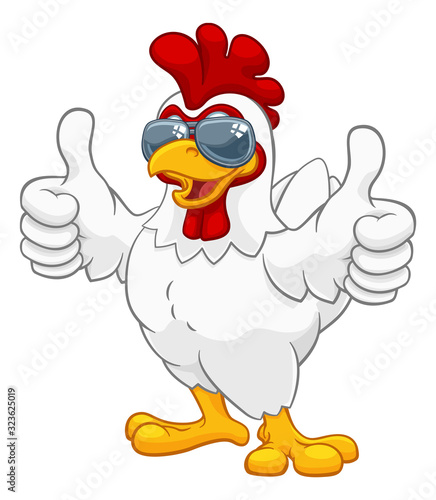 A chicken rooster cockerel bird cartoon character in cool shades or sunglasses giving a double thumbs up