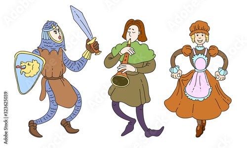 Knight , troubadour and lady characters in traditional costumes vector illustration
