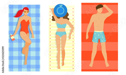 Women and men in swimwear enjoying sunshine sunbathing vector illustration