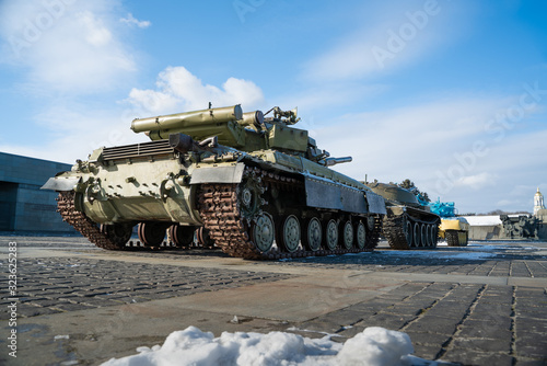 military tank in front of Motherland monument in Kyiv