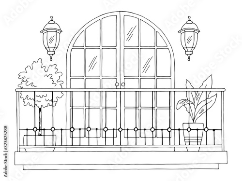 Balcony exterior graphic black white sketch illustration vector