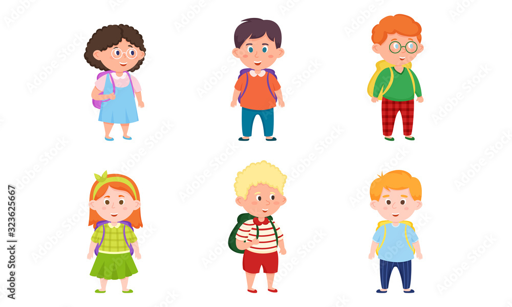 Children girls and boys pupils with backpacks vector illustration
