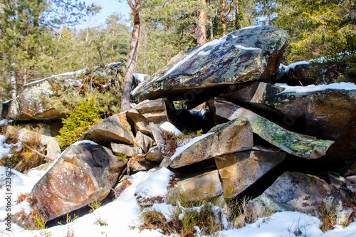 Picturesque cliffs on the hiking trail near village of Yaremche in winter. Ukraine photo