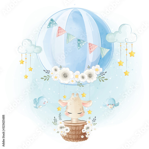 Cute Giraffe Flying with Hot Air Balloon