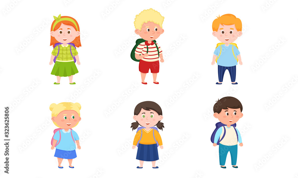 Happy children girls and boys pupils with backpacks vector illustration