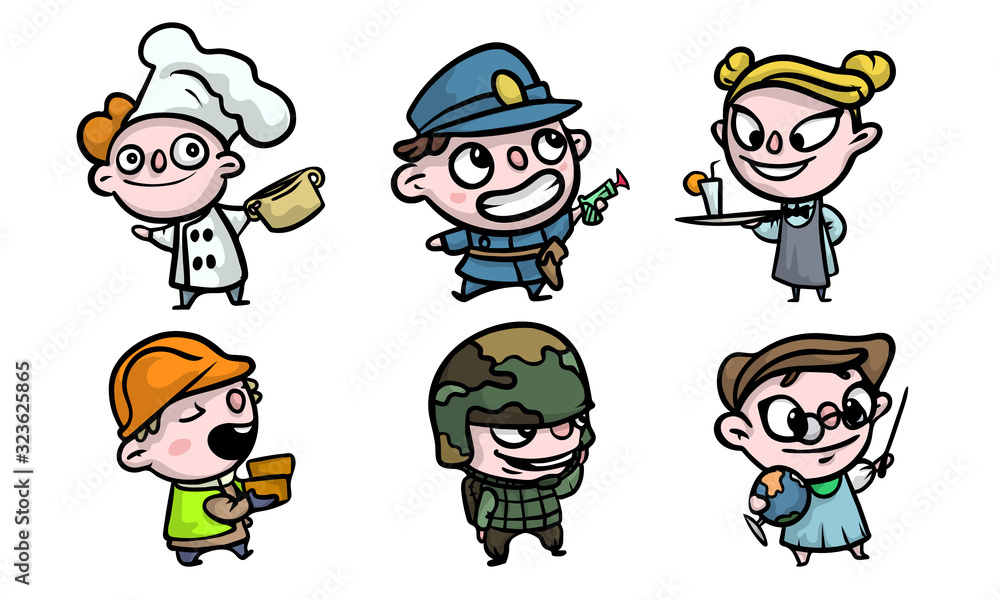 Boys and girls in costumes playing different jobs vector illustration