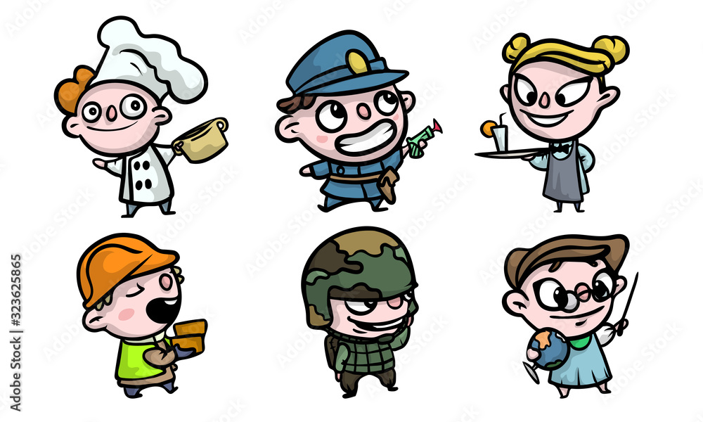 Boys and girls in costumes playing different jobs vector illustration Boys and girls in costumes playing different jobs vector illustration