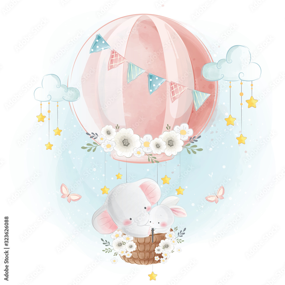 Fototapeta Mały słoń i królik latający balonem