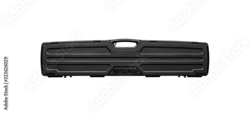 Black plastic hard case for transporting and storing weapons. Gun container isolate on a white background.