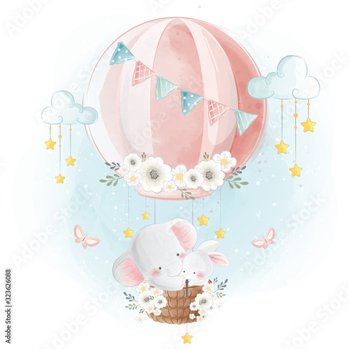 Little Elephant and Bunny Flying With Hot Air Balloon