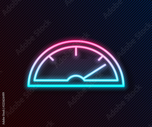 Glowing neon line Speedometer icon isolated on black background. Vector Illustration