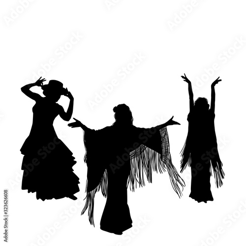 Woman in long dress stay in dancing pose. flamenco dancer, spanish. beautiful female profile black silhouette Isolated on white background. Vector