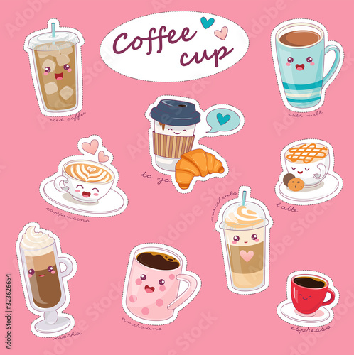 Kawaii Coffee Cups Flat Cartoon Glasses and Mugs with Cappuccino, Latte, Espresso, Americano, Mocha, Maccgiato, Iced Coffee. Take away or to Go Packages. Cute Cups with Smiling Faces.