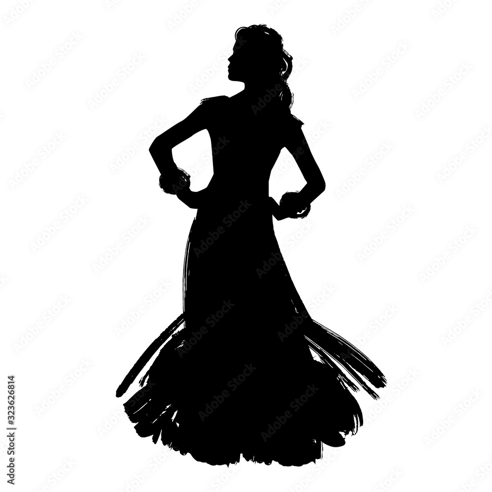 Woman in long dress stay in dancing pose. flamenco dancer, spanish. beautiful female profile black silhouette Isolated on white background. Vector Woman in long dress stay in dancing pose. flamenco dancer, spanish. beautiful female profile black silhouette Isolated on white background. Vector