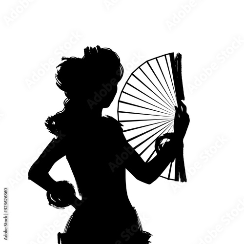Woman in long dress stay in dancing pose. flamenco dancer, spanish. beautiful female profile black silhouette Isolated on white background. Vector