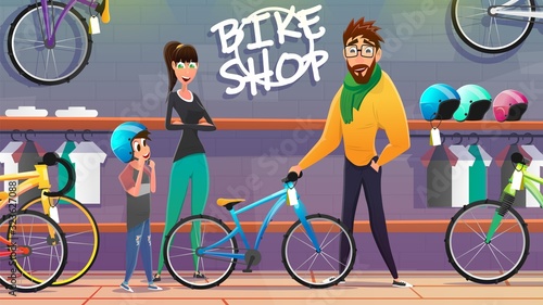 Man and Woman with Son Choosing Bicycle to Buy at Bike Shop Flat Cartoon Vector Illustration. Father Looking at Vehicle for his Child. Kid in Helmet. Store with Equipment for Riding. Family Time.