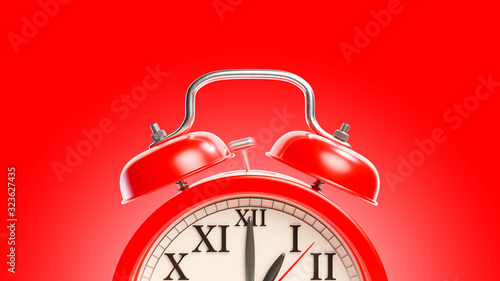 Red alarm clock with clipping path. Alarm at 01.00. Minimal idea concept, 3D Render.