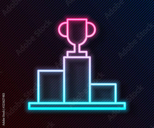 Glowing neon line Hockey over sports winner podium icon isolated on black background. Vector Illustration