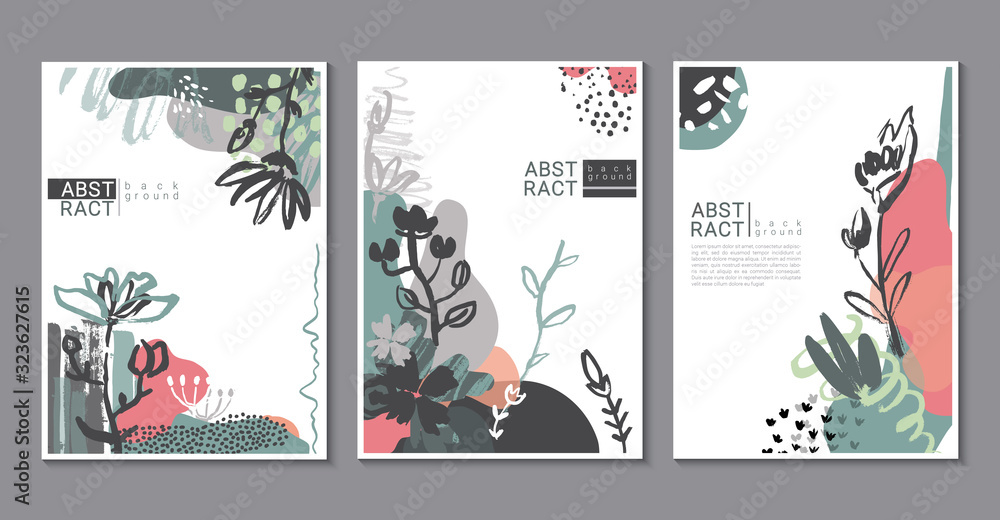 Fototapeta Vector collection of trendy creative cards with hand drawn floral elements, flowers and palnts and different textures.