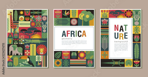 Vector collection of trendy creative cards with patchwork mosaic design. Geometric cartoon African animals