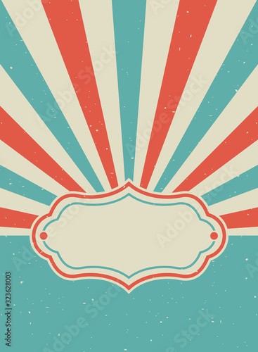 Sunlight retro ray background with vintage frame for text. Red and beige color burst background.