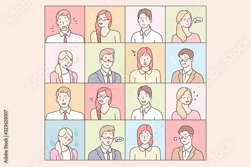 Business people emotions and facial expressions set concept. Collection of illustrations businessmen and women expressing different emotions. Businesspeoples portraits in cartoon style. Simple vector