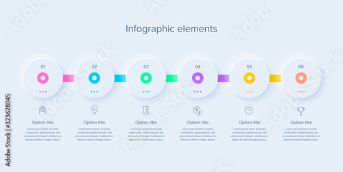 Business process chart infographics with 6 steps in neumorphism design. Square corporate workflow graphic elements. Company flowchart presentation slide template. Vector info graphic.
