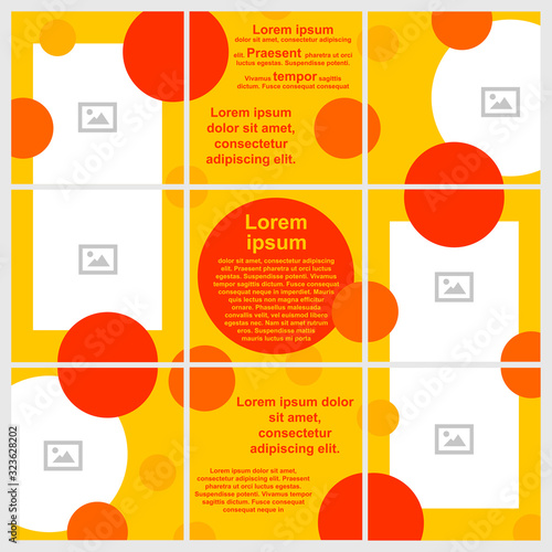 Editable abstract template for social network posts. Red and orange circles on a yellow background.