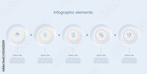 Business process chart infographics with 5 steps in neumorphism design. Square corporate workflow graphic elements. Company flowchart presentation slide template. Vector info graphic. photo