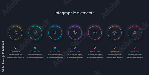 Business process chart infographics with 7 steps in neumorphism design. Square corporate workflow graphic elements. Company flowchart presentation slide template. Dark info graphic.