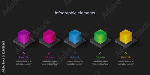 Business process chart infographics with 5 steps in neumorphism design. Square corporate workflow graphic elements. Company flowchart presentation slide template. Dark info graphic.