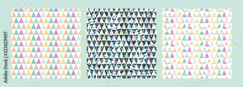 Set cute Scandinavian geometric seamless pattern with triangles and plant texture. Colorful abstract background. Decorating the surface of Wallpaper, textile, wrapping paper, packaging, fabric.