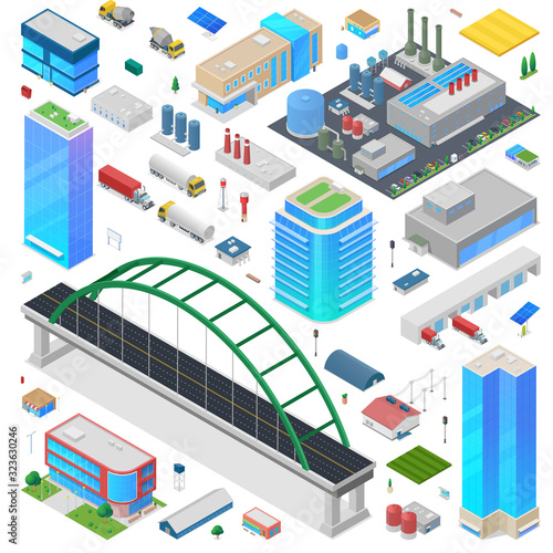Industrial Isometric city scene generator creator vector design objects illustration. Factory Plant Warehouse Skyscrapers buildings bridge truck cars vehicles street objects collection.