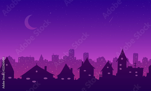 Vector cartoon town at night. Purple pink silhouettes of houses and skyscrapers on background of stars and moon.