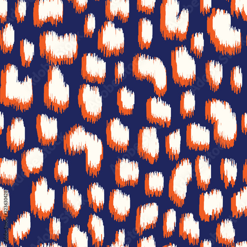 Orange and Blue Abstract Leopard Hand-Drawn Ikat Spots Animal Skin Vector Seamless Pattern. Organic Fragments Texture
