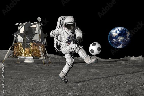 Fototapeta Naklejka Na Ścianę i Meble -  3d rendering Astronaut on the moon playing football. Slow motion. Elements of this video furnished by NASA.