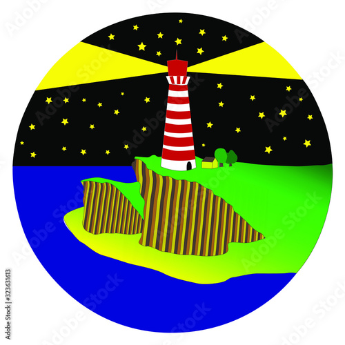 Seascape, island with a cliff and a lighthouse in the middle of the night on the island. Lighthouse on the island.