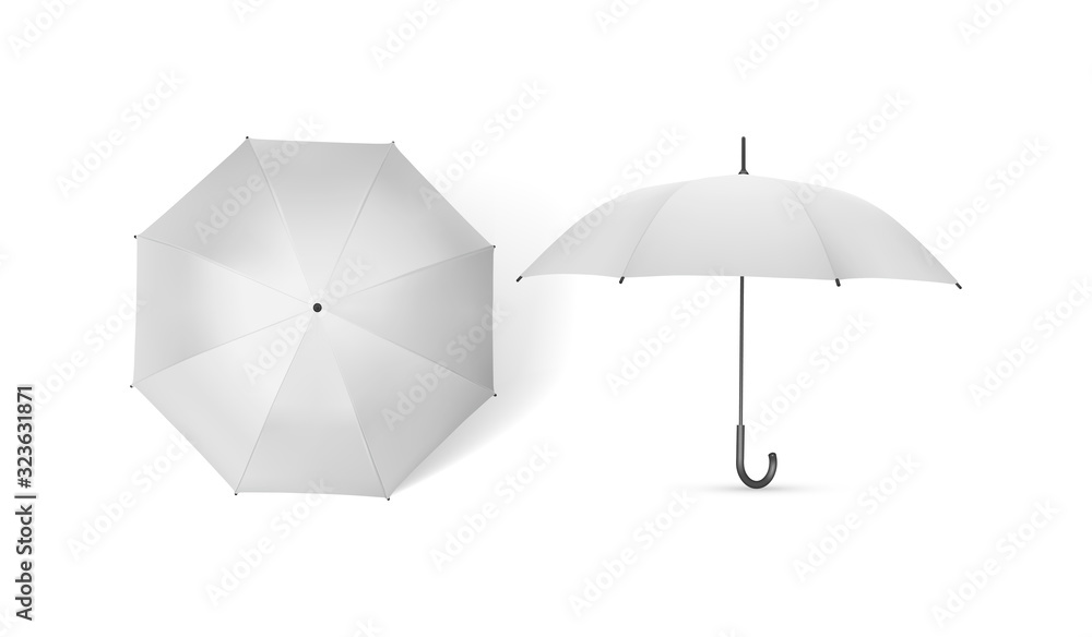 two white umbrellas from different sides isolated on white background