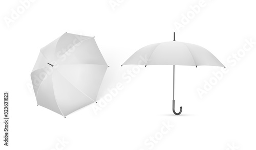 two white umbrellas from different sides isolated on white background vector mock up