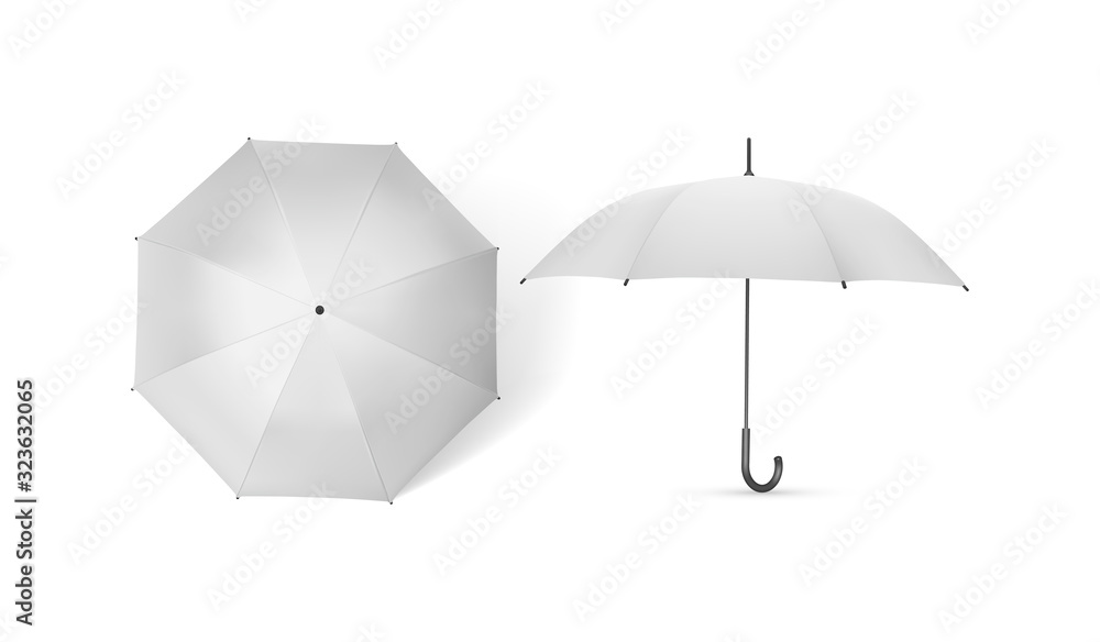 two white umbrellas from different sides isolated on white background ...