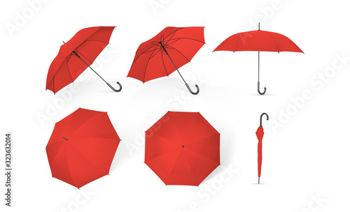 red umbrellas from different sides isolated on white background photo