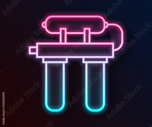 Glowing neon line Water filter icon isolated on black background. System for filtration of water. Reverse osmosis system. Vector Illustration