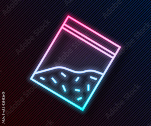 Glowing neon line Plastic bag of drug icon isolated on black background. Health danger. Vector Illustration