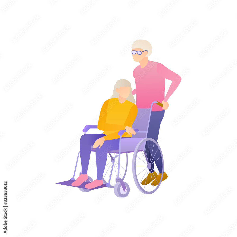 An elderly people in a wheelchair, flat vector illustration. Injured elderly woman in hospital. Older people care about each other in a nursing home at isolated illustration on a white background.