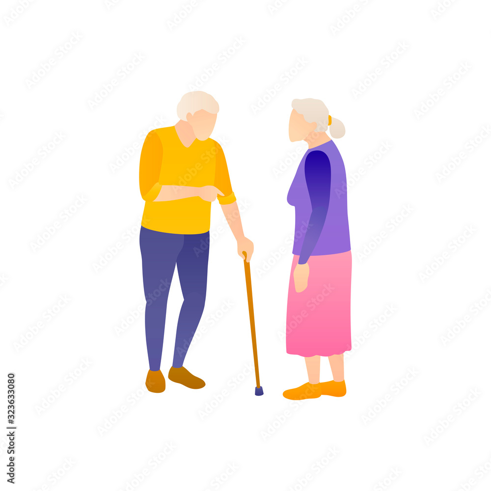 Two elderly people in full height, vector flat illustration. An elderly man and a woman discuss the social problems of pensioners. Grizzled or Gray grandparents on white, isolated background Two elderly people in full height, vector flat illustration. An elderly man and a woman discuss the social problems of pensioners. Grizzled or Gray grandparents on white, isolated background